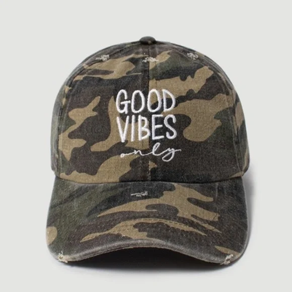Good Vibes Only Green Olive Camouflage Camp Army Baseball Cap Hat Women's Casual - Picture 2 of 2